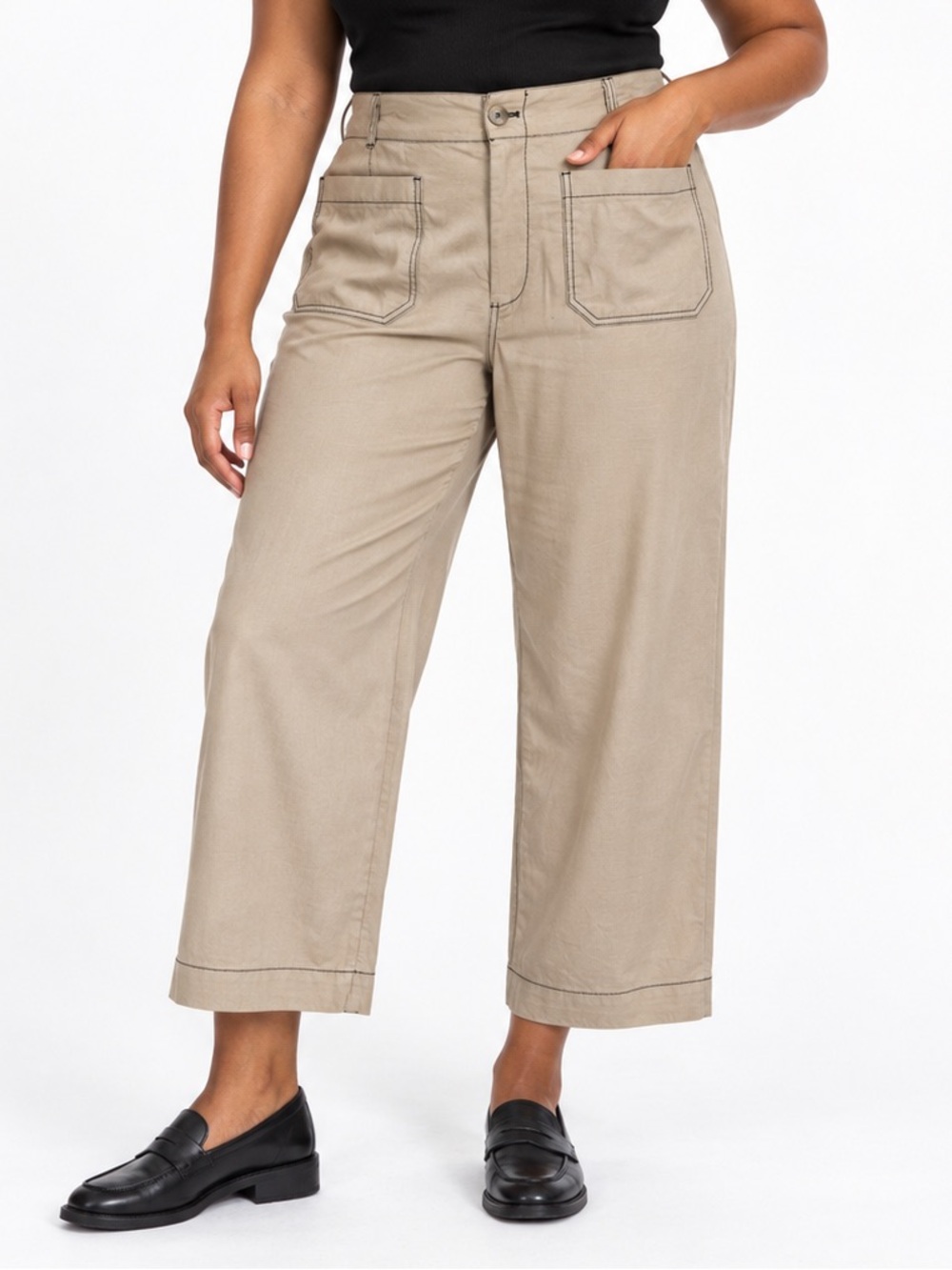 Anthropologie Maeve Colette Contrast Stitch Linen Wide Leg Pants Khaki Tan Sz 32